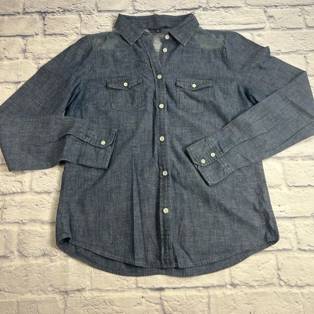 American Eagle Outfitters Denim Chambray Shirt with Lace Detail.